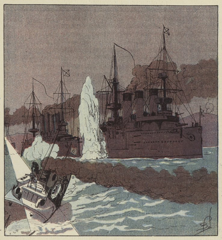 Den ryska flottan torpederas av japanerna av after Louis Charles Bombled