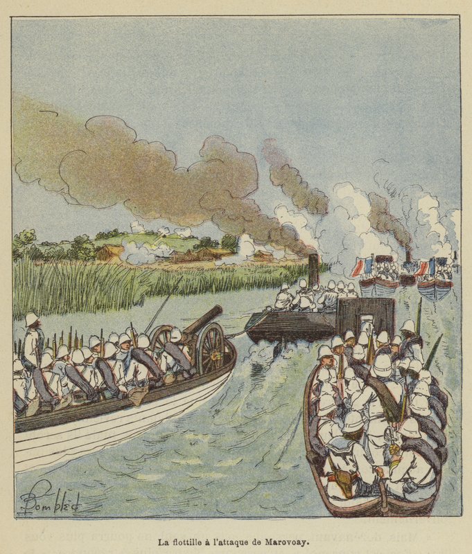 Flottiljen anfaller Marovoay av after Louis Charles Bombled