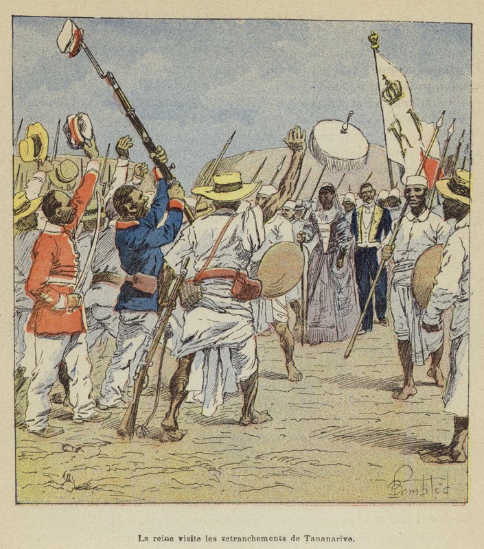 Drottningen besöker Tananarives skansar av after Louis Charles Bombled