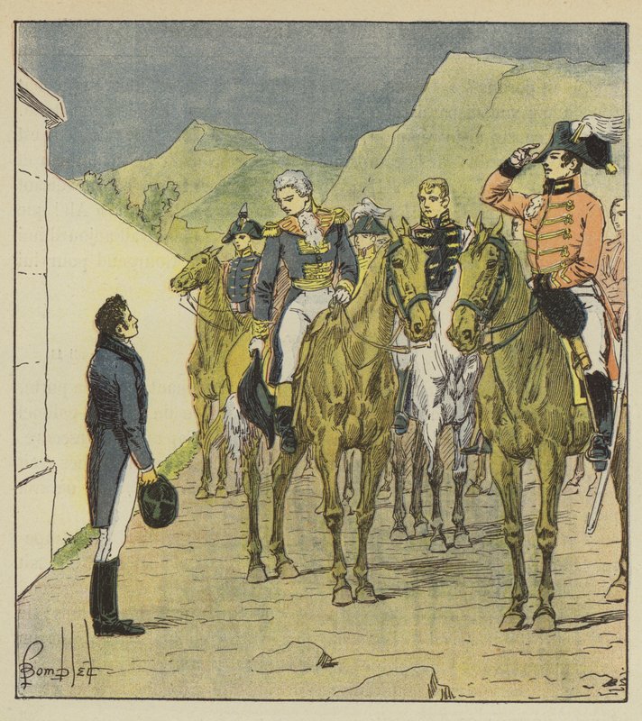 Amiral Taylor, med en stor stab, presenterar sig i Longwood för att träffa kejsaren av after Louis Charles Bombled