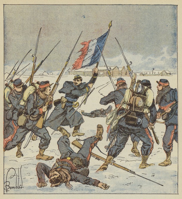 Kapten Couturie, från Mobiles de la Sarthe, sjösätter, flaggan i hand, för att attackera Mee av after Louis Charles Bombled