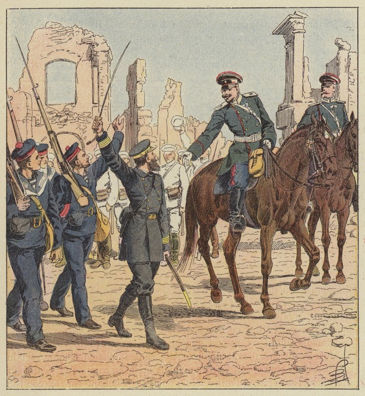 Kapten de Marolles och general Stessel av after Louis Charles Bombled
