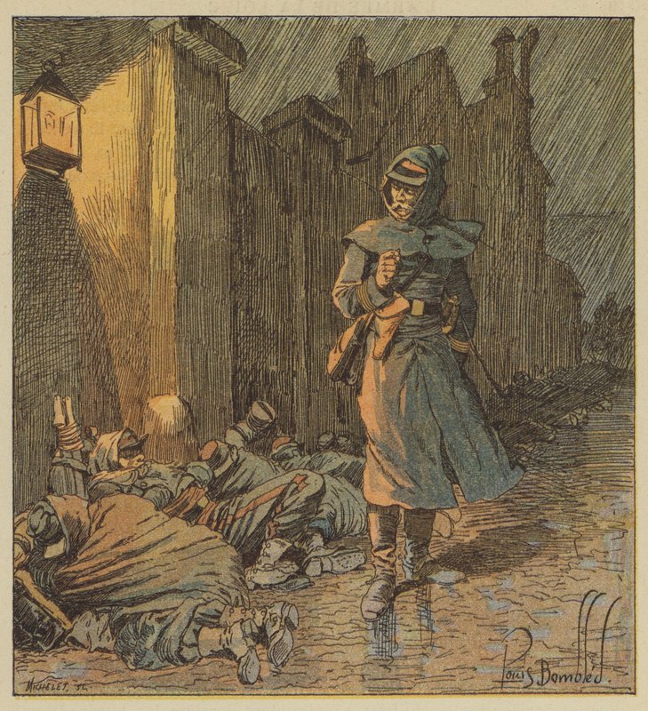 Överste de Bourgoing strövar omkring på Cerdons gator där hans soldater sover i regnet av after Louis Charles Bombled