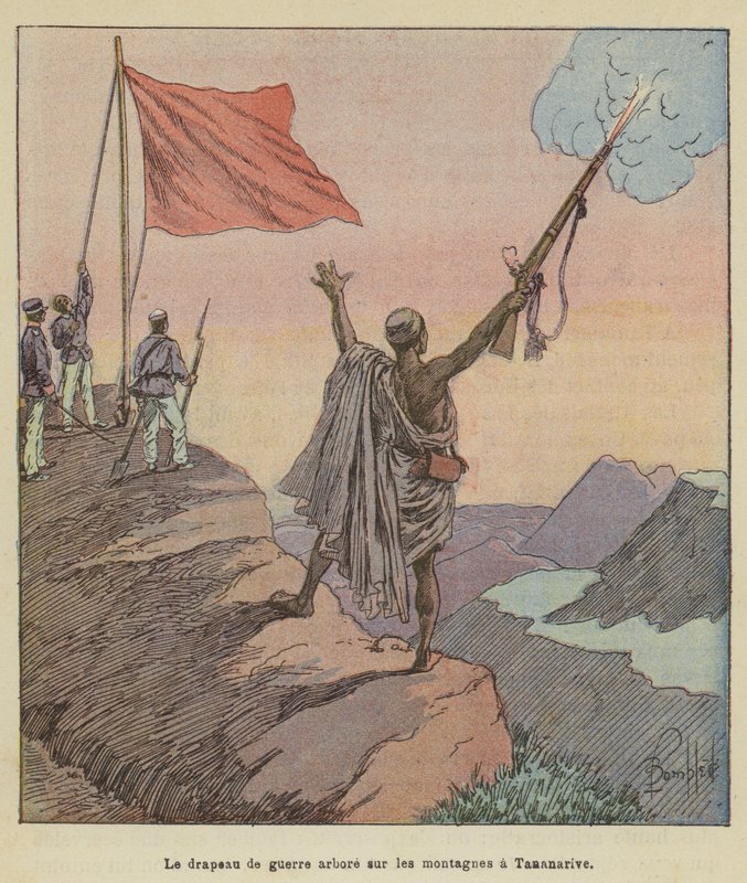 Krigsflaggan vajar över bergen i Tananarive av after Louis Charles Bombled