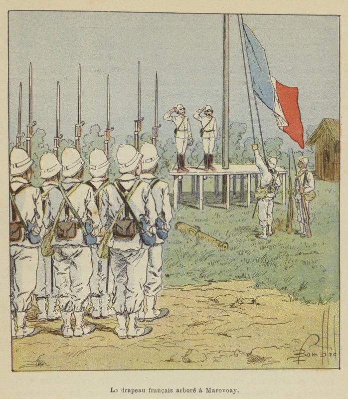 Den franska flaggan hissade i Marovoay av after Louis Charles Bombled