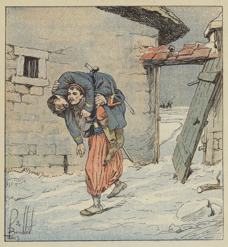 Kvartermästaren Colonna, från 2nd Zouaves, räddar sin sårade kapten ur fiendens händer av after Louis Charles Bombled