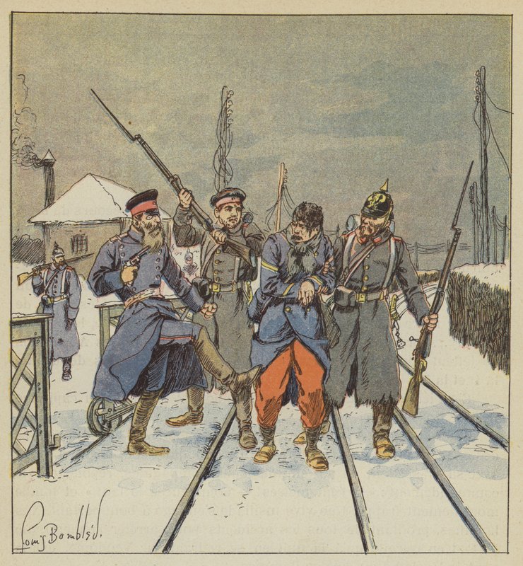 Kvartermästaren Papot, sårad och tillfångatagen, träffas skamligt av en preussisk officer av after Louis Charles Bombled