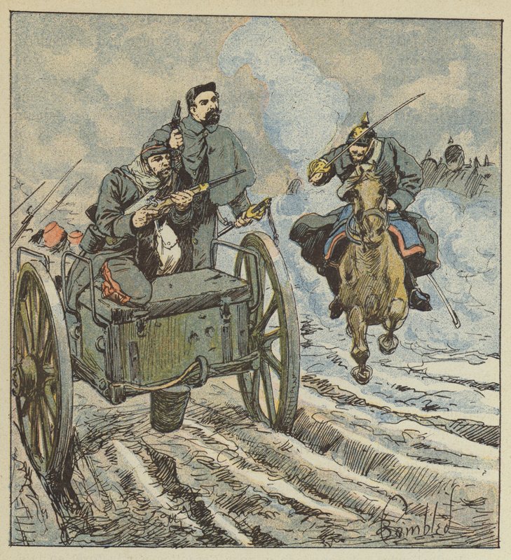 Sergeanten Dufresne försvarar sig med revolverskott mot de preussiska ryttarna av after Louis Charles Bombled