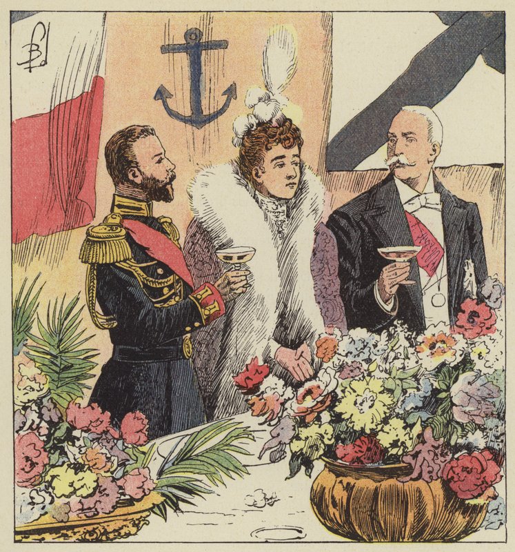 Tsar Nicolas II proklamerar den fransk-ryska alliansen ombord på Pothuau av after Louis Charles Bombled