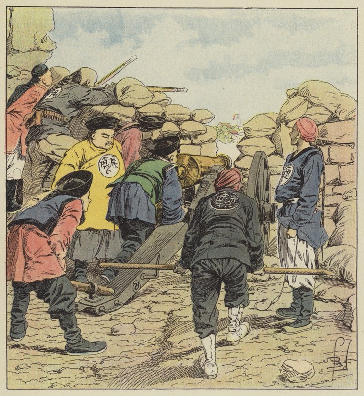 Kineserna bombarderar legationerna av after Louis Charles Bombled