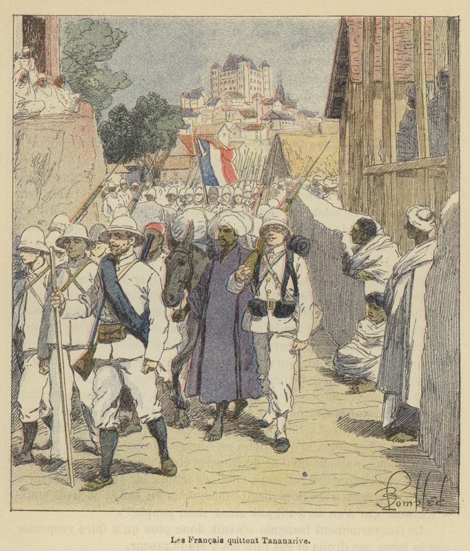 Fransmännen lämnar Antananarivo av after Louis Charles Bombled