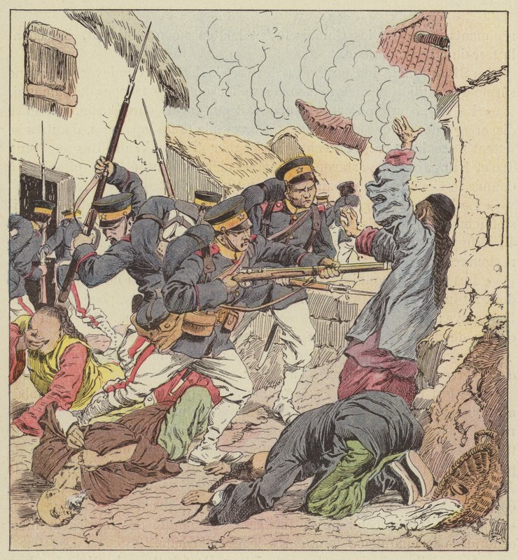 Japanerna massakrerar kineserna i Port Arthur av after Louis Charles Bombled