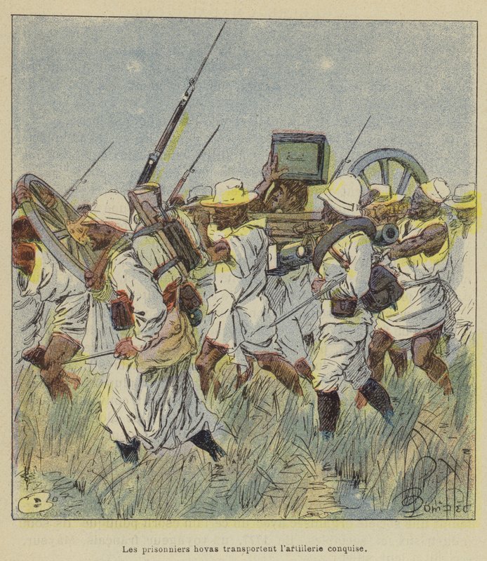 Hova-fångar bär erövrat artilleri av after Louis Charles Bombled