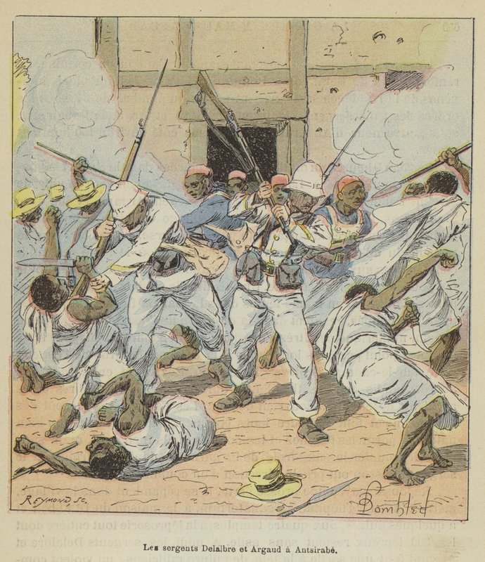 Sergeanterna Delalbre och Argaud i Antsirabe av after Louis Charles Bombled