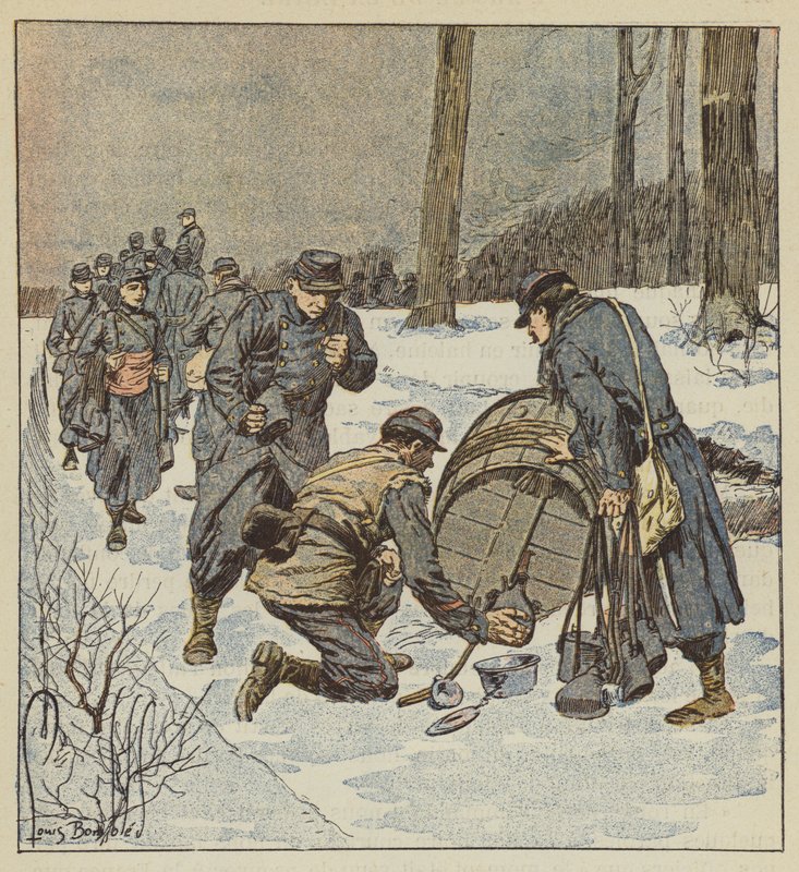 Marinens soldater fyller sina burkar med en tunna rom av after Louis Charles Bombled