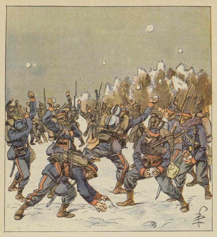 Soldater från båda arméerna slåss med snöbollar på morgonen den 11 januari av after Louis Charles Bombled