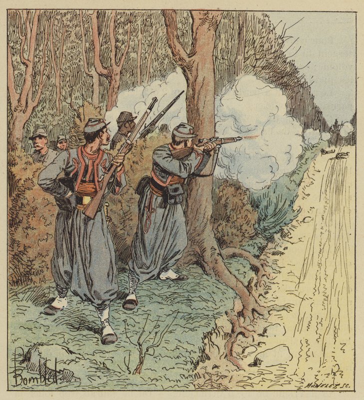 De påvliga zouaverna drar sig tillbaka genom Orleans-skogen och håller bayererna i schack av after Louis Charles Bombled