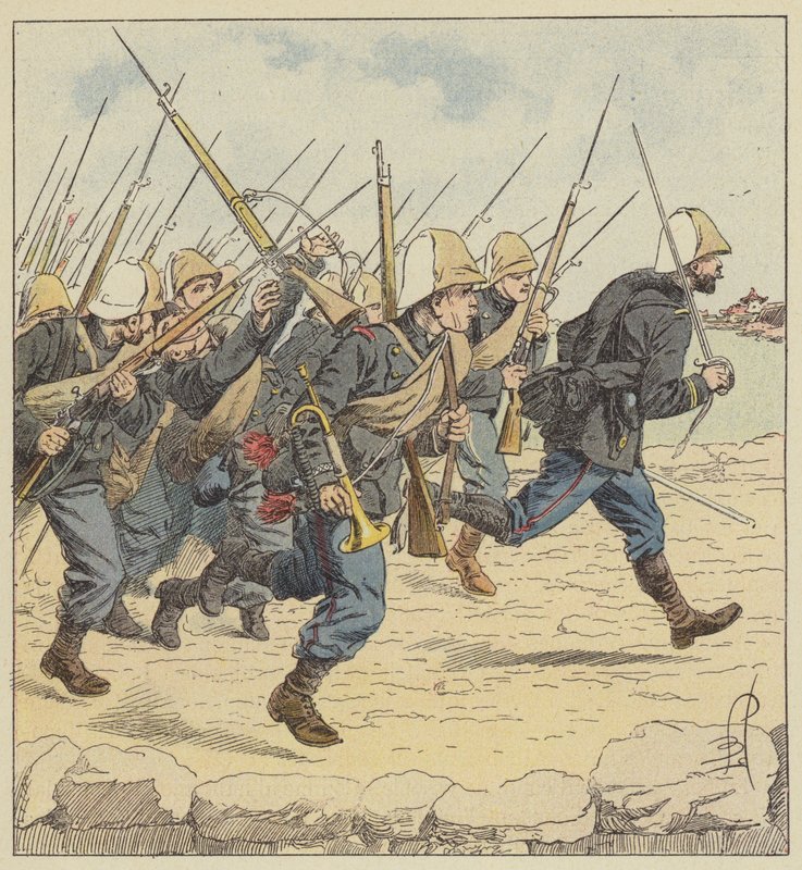 Marint infanteri på vägbanan Tien-Tsin av after Louis Charles Bombled