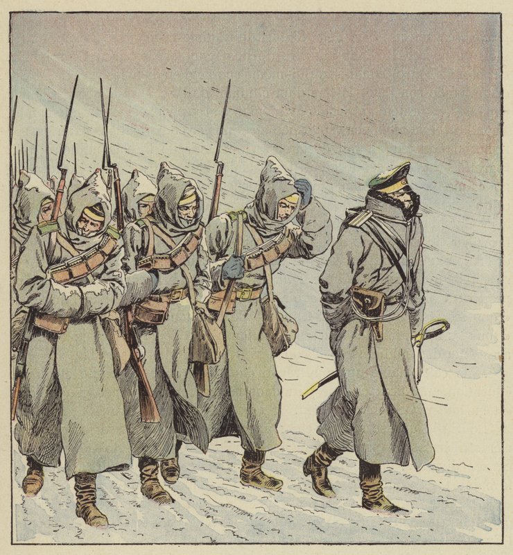 Tvångsmarsch av det ryska infanteriet i Manchuriet av after Louis Charles Bombled