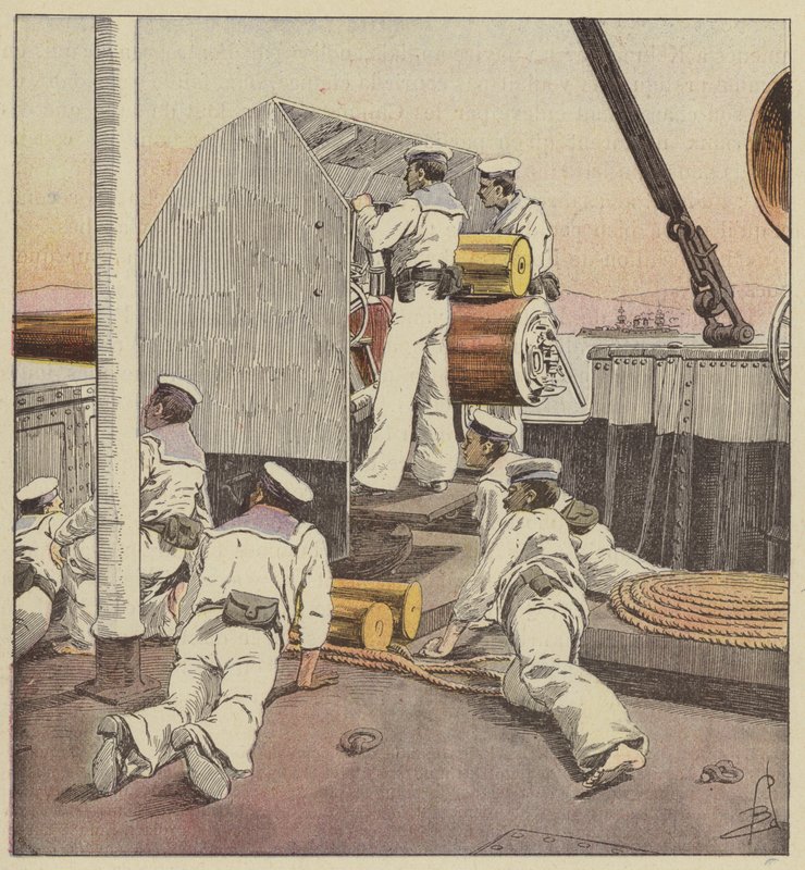 Japanska sjömän kanonerar den kinesiska flottan i Yalu av after Louis Charles Bombled