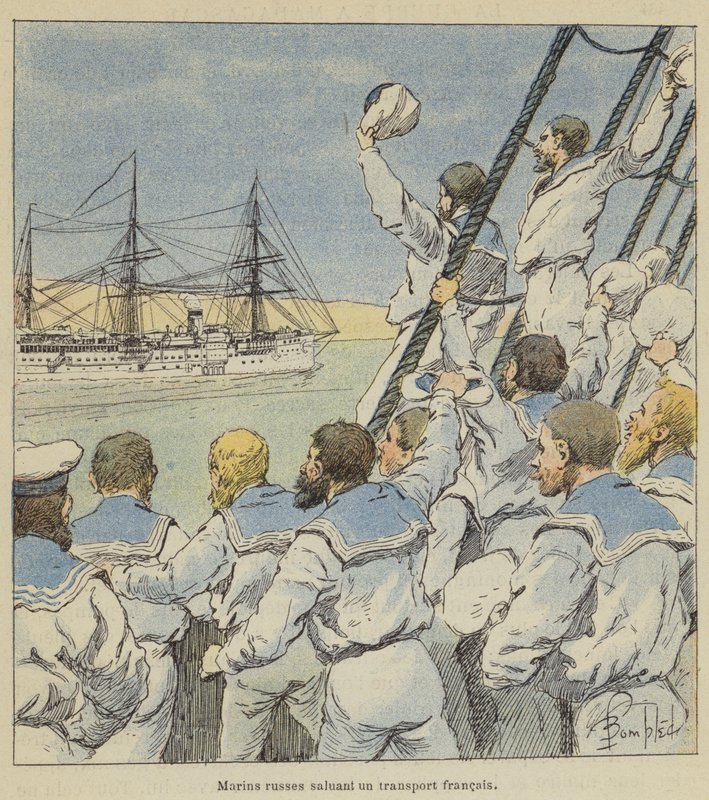Ryska sjömän hälsar en fransk transport av after Louis Charles Bombled