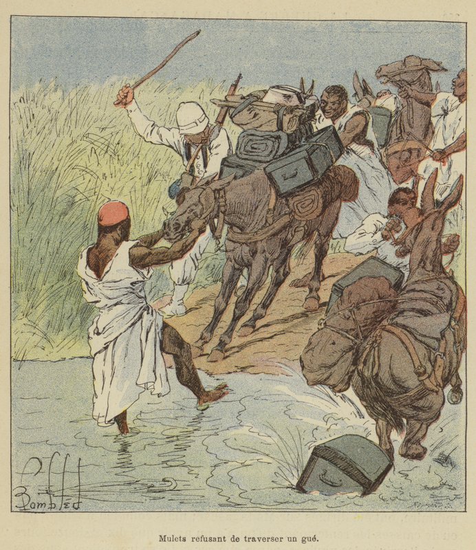 Mulor som vägrar att korsa en gue av after Louis Charles Bombled
