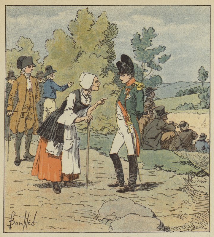 Napoleon pratar med en gammal kvinna från Tarare av after Louis Charles Bombled