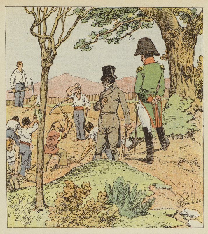 Napoleon undersöker befästningarna som guvernören uppför runt Longwood av after Louis Charles Bombled