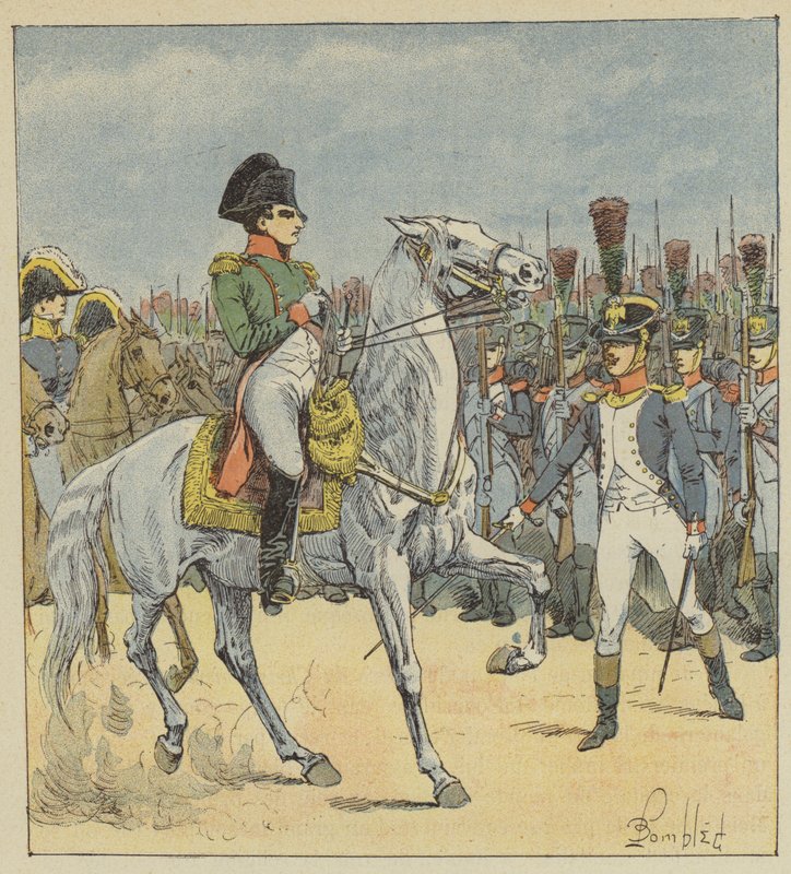 Napoleon utmanas vid paraden av en löjtnant av after Louis Charles Bombled