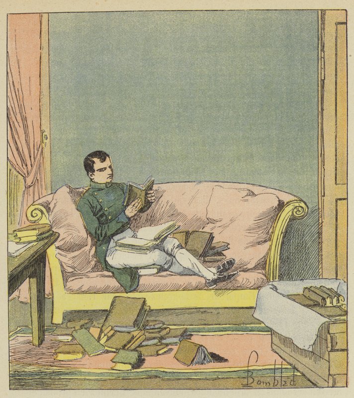 Napoleon går igenom böckerna som just har skickats till honom av after Louis Charles Bombled
