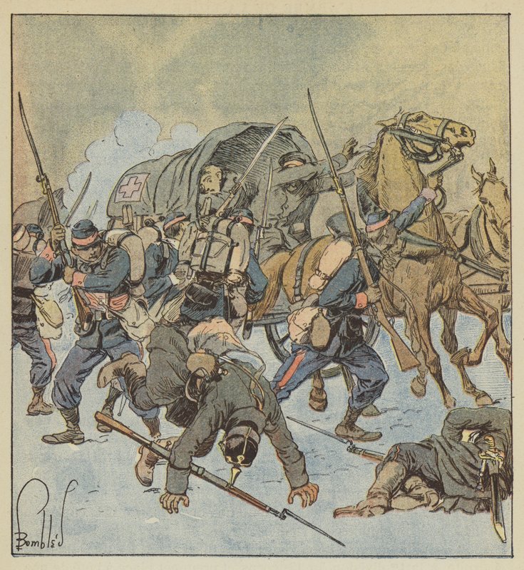 Fångst av en preussisk ambulans av ett företag den 43 mars av after Louis Charles Bombled