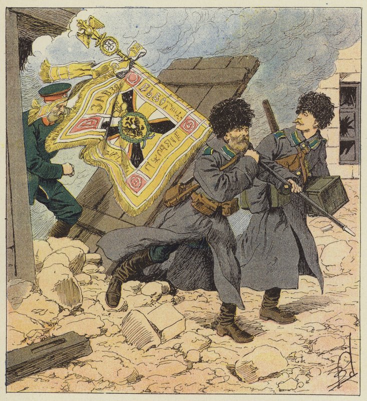 Räddning av flaggan under bombningen av Vladivostok av after Louis Charles Bombled