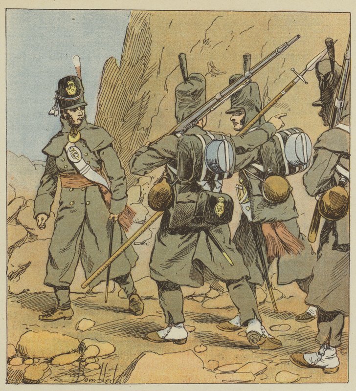 Engelska soldater från 1:a regementet av Foot Guard, i road dress, Spanien, 1814 av after Louis Charles Bombled