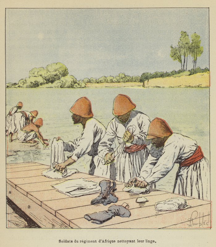 Soldater från det afrikanska regementet städar sina kläder av after Louis Charles Bombled
