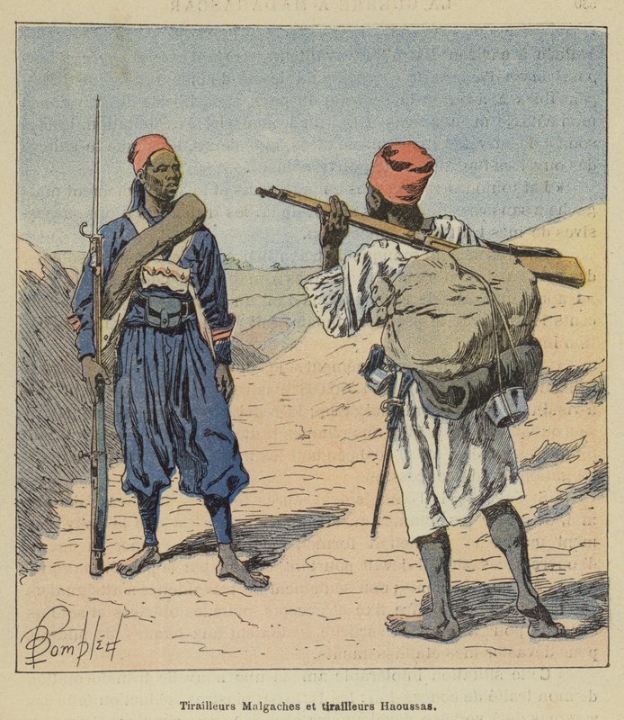 Madagaskiska skärmytslingar och Hausa skärmytslingar av after Louis Charles Bombled