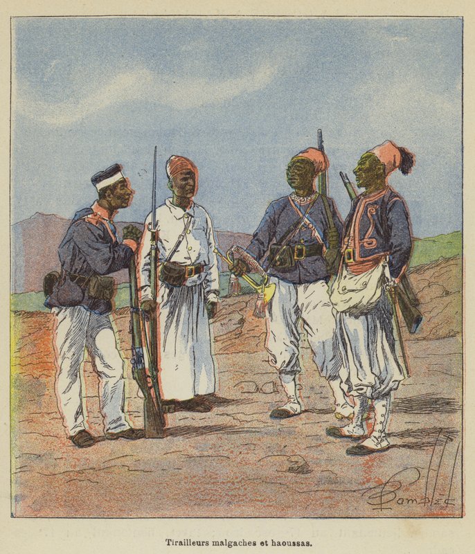Malagasy och Hausa skärmytslingar av after Louis Charles Bombled
