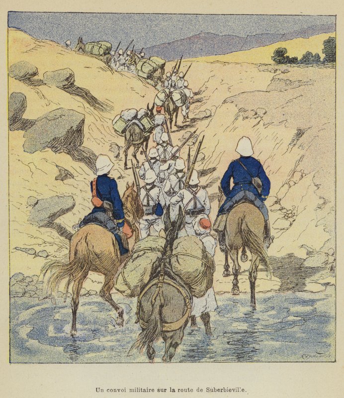 En militärkonvoj på vägen till Suberbieville av after Louis Charles Bombled