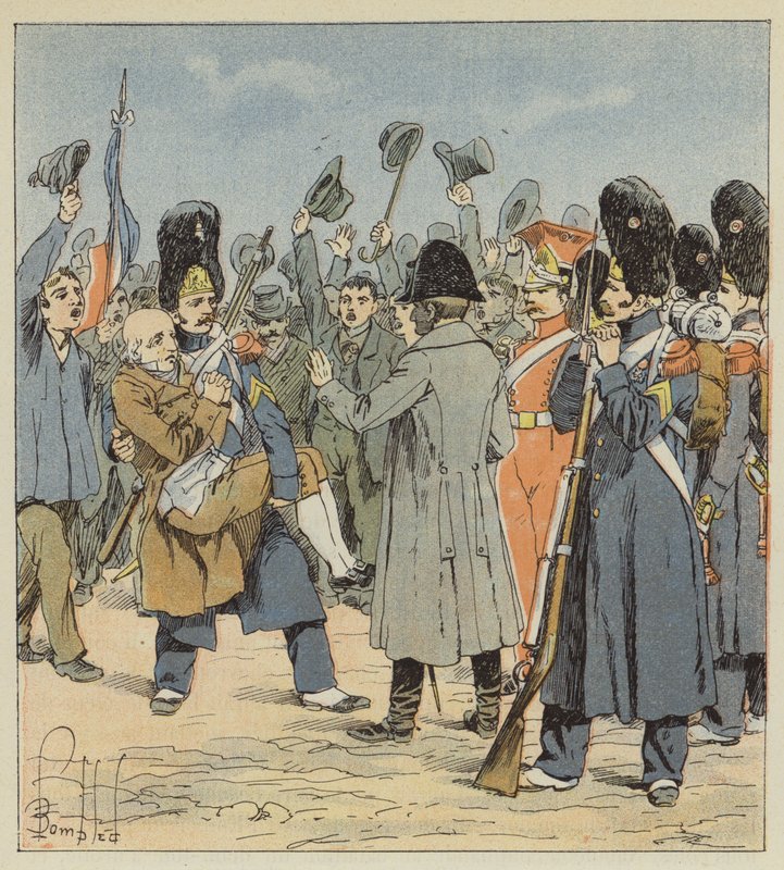 En grenadjär från ön Elba tar med sin far till Napoleon och bär honom i famnen av after Louis Charles Bombled