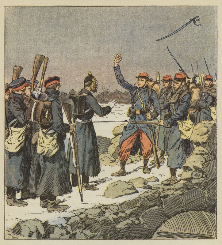 En tysk officer lämnar tillbaka sitt svärd till en fransk korpral som kastar det mot vinden av after Louis Charles Bombled