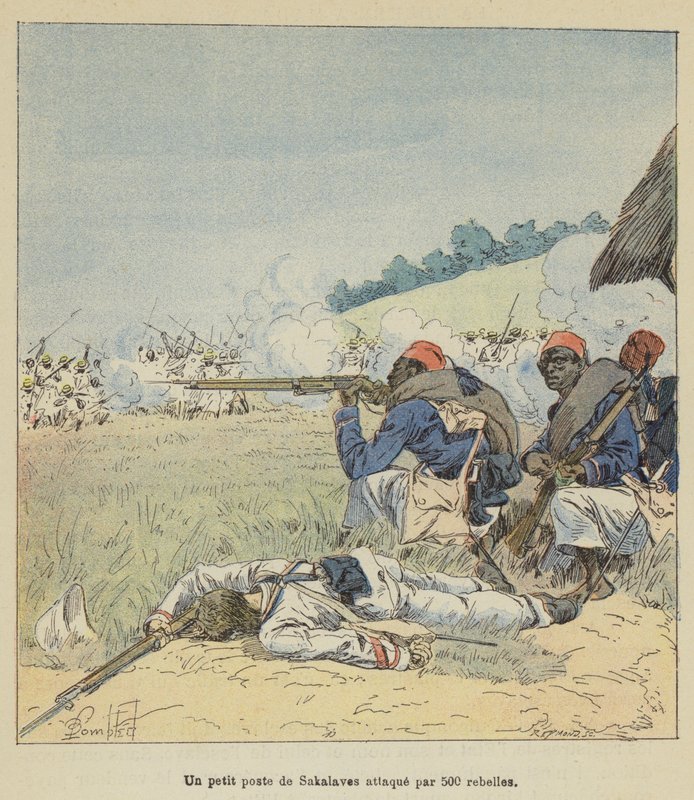 En liten post av Sakalaves attackerad av 500 rebeller av after Louis Charles Bombled