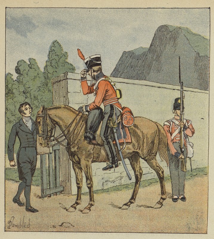 En ordningsman till häst kommer till Longwood för att fråga efter Le Sages atlas av after Louis Charles Bombled