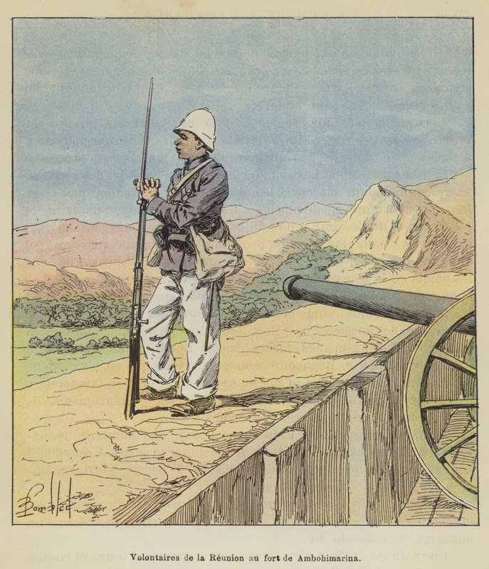 Återföreningsvolontärer på Ambohimarina fort av after Louis Charles Bombled