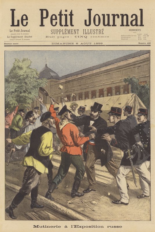 Strid på platsen för den ryska paviljongen för utställningen 1900 i Paris av after Oswaldo Tofani