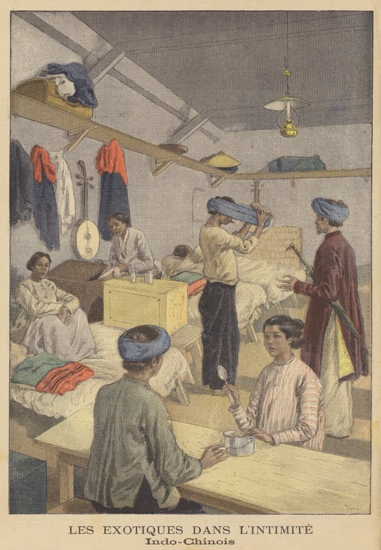 Människor från Franska Indokina i sina logi vid Exposition Universelle 1900 i Paris av after Oswaldo Tofani