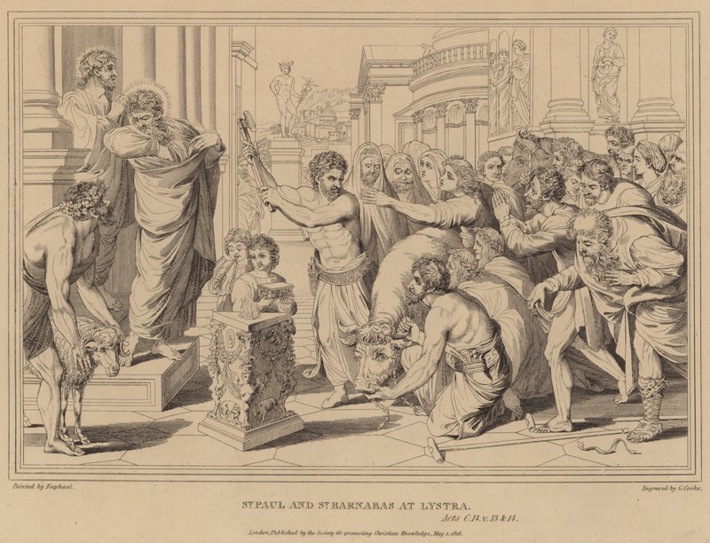 Den helige Paulus och den helige Barnabas i Lystra, Apg av after Raphael