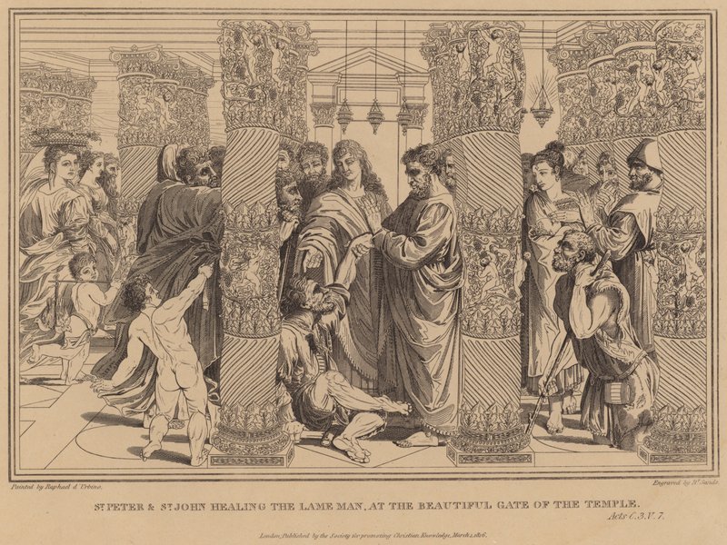 St Peter och St John som helar den lame mannen, vid den vackra porten till templet, Apg av after Raphael