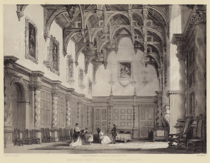Burleigh Great Hall, Northamptonshire av after Thomas Allom