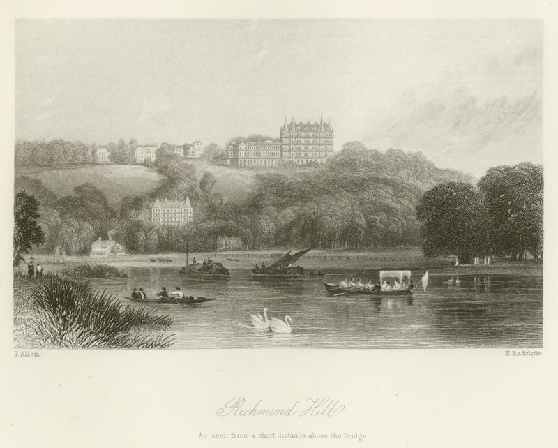 Richmond Hill, sett från ett kort avstånd ovanför bron av after Thomas Allom