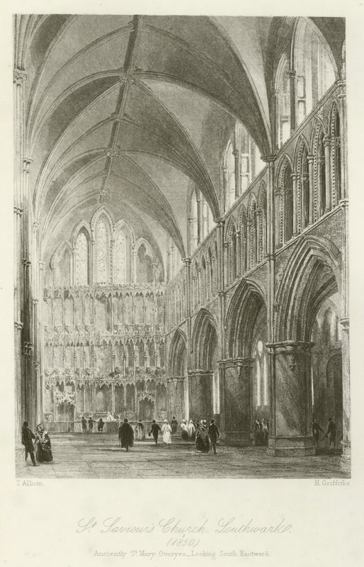 St Saviours Church, Southwark, 1850, forntida St Mary Overyes, med utsikt mot sydost av after Thomas Allom