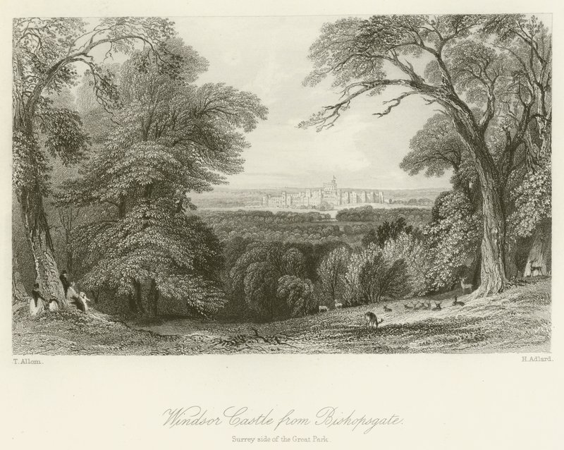 Windsor Castle från Bishopsgate, Surrey-sidan av Great Park av after Thomas Allom